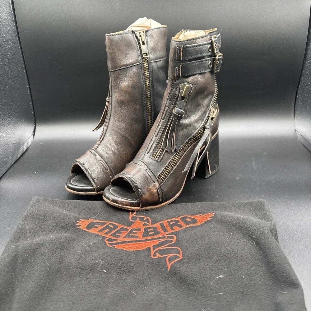 Freebird Zombi Leather Ankle Bootie Women's 7 Brown Zip Buckle Fringe Round Toe